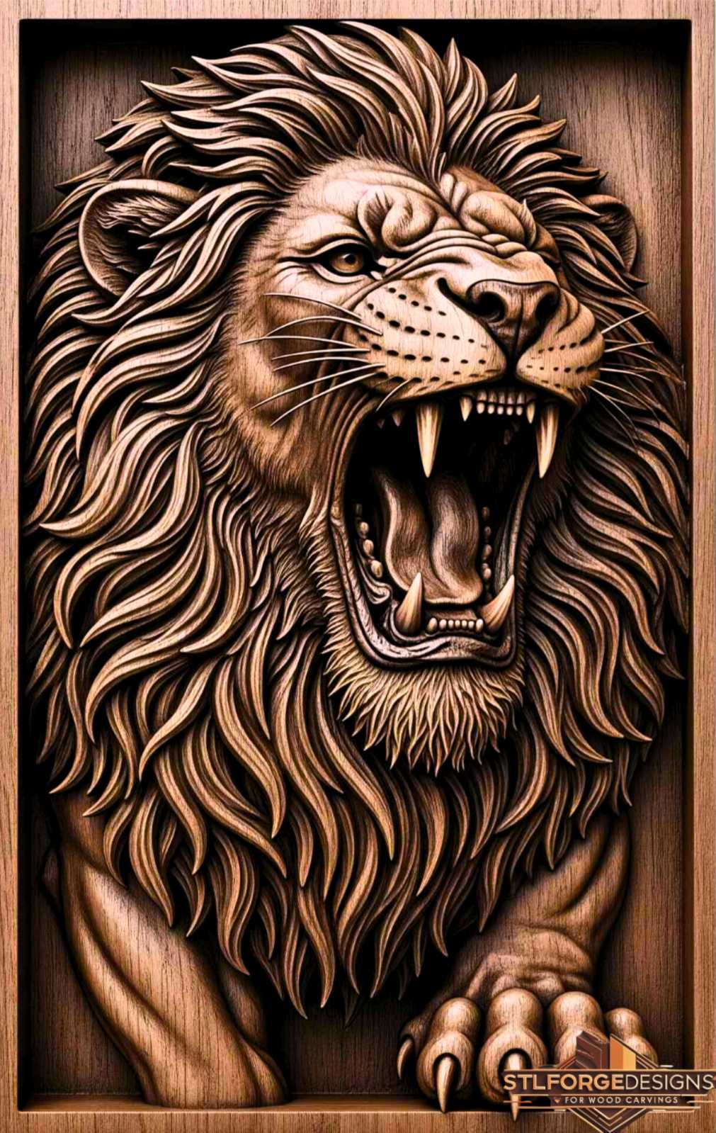 Lion Head STL File – 3D Relief CNC Wood Carving | Roaring Lion with Paw | Wall Panel - Image 3
