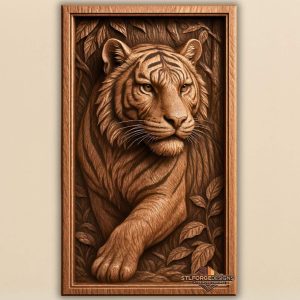Тигър джунгла STL CNC 3D релеф — тигър сред листа с детайлна козина и ивици, модел за дърворезба