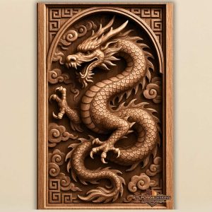 Dragon STL file Chinese frame 3D relief CNC — dragon in arch with geometric meander border and clouds, wood carving model