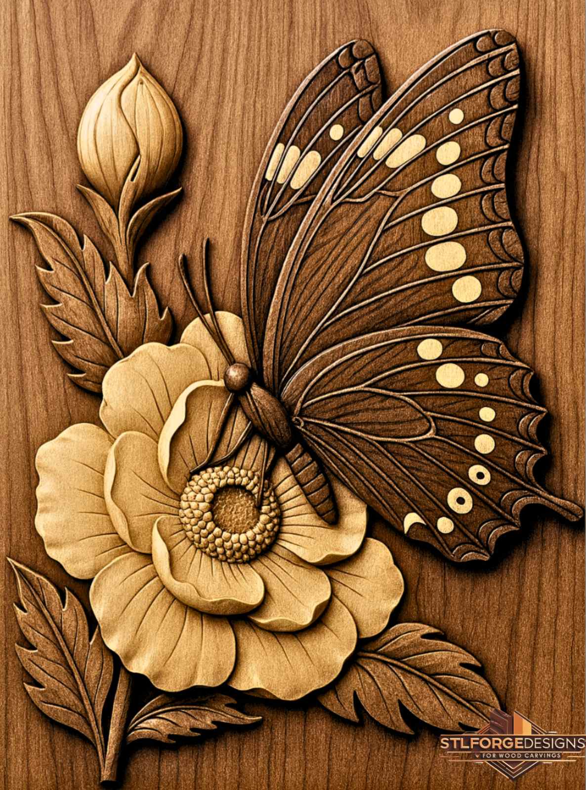 Butterfly on Rose STL File – 3D Relief CNC Wood Carving | Two-Tone Butterfly Rose Panel | Butterfly STL - Image 2