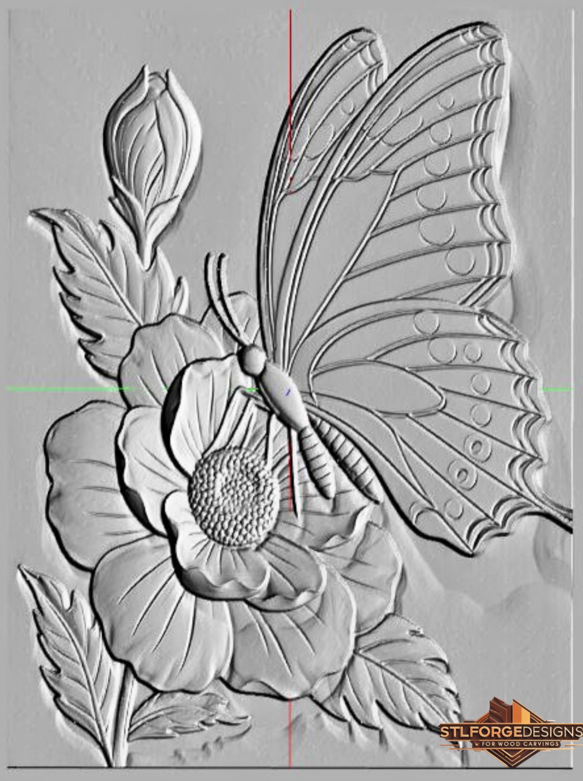 Butterfly on Rose STL File – 3D Relief CNC Wood Carving | Two-Tone Butterfly Rose Panel | Butterfly STL - Image 3
