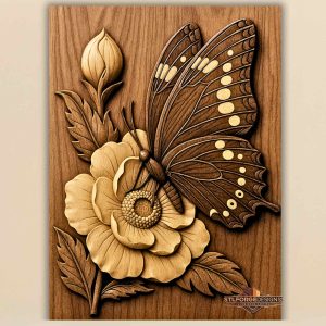 Butterfly rose STL CNC 3D relief — realistic spotted butterfly perched on rose with bud and leaves, two-tone contrast, wood carving model