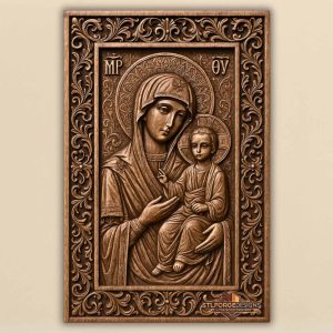 Kazan Virgin Mary icon STL CNC 3D relief — Orthodox Kazan icon Virgin Mary with floral halo Christ Child acanthus frame and МР ΘV inscriptions, wood carving model