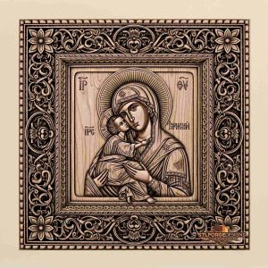 Vladimir Virgin Mary icon STL CNC 3D relief — Orthodox Vladimir icon Virgin Mary touching cheeks Christ Child embracing mother massive dark baroque frame with flowers, wood carving model