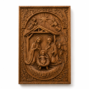 Wood-carved icon of the Nativity of Christ made of solid beech with the Virgin Mary, Saint Joseph, Baby Jesus, angels and the Star of Bethlehem, made in the Orthodox style