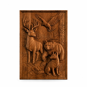 Carved solid beech panel with a deer, bear, wolf and eagle in a forest scene, made with detailed relief and a natural wood finish