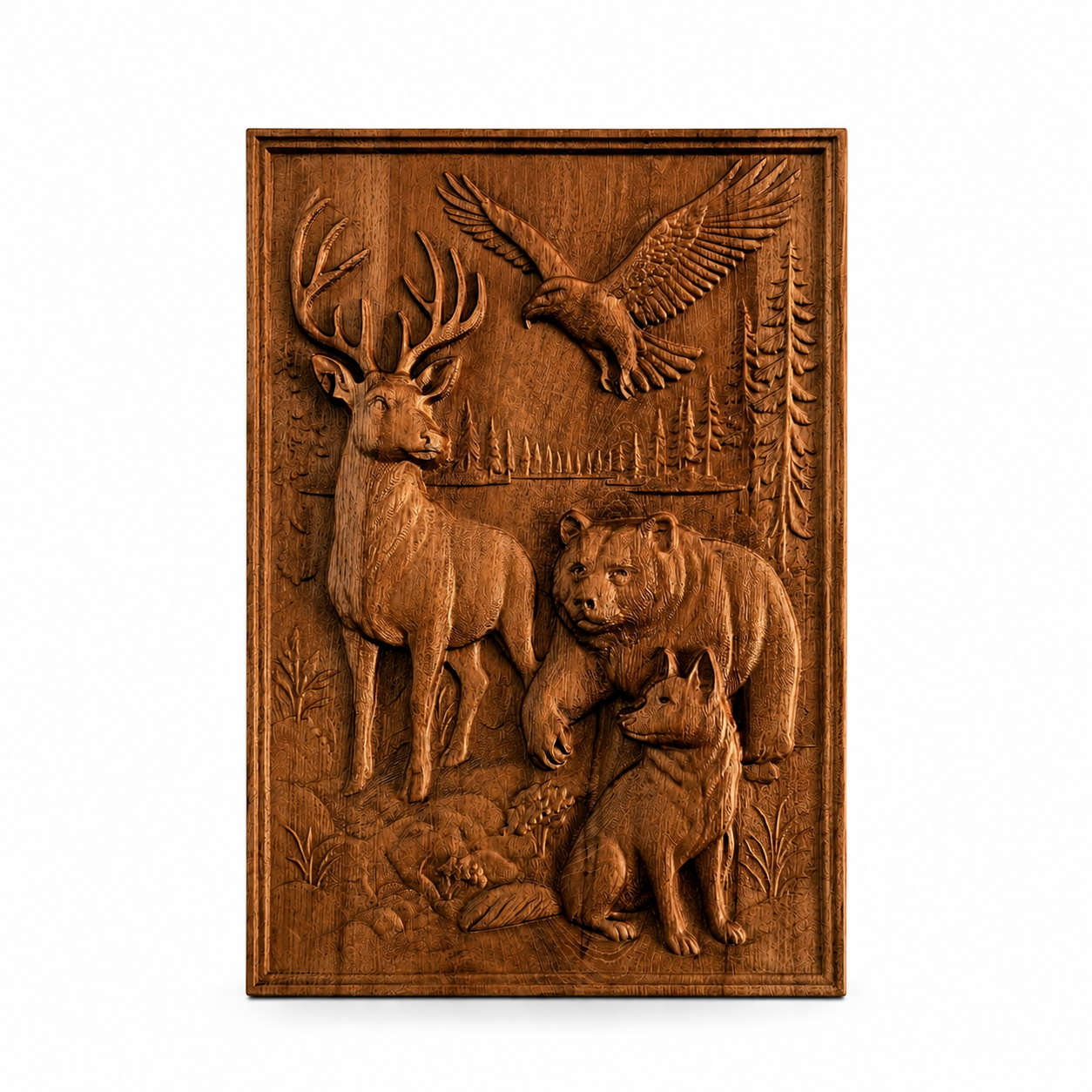 Carved solid beech panel with a deer, bear, wolf and eagle in a forest scene, made with detailed relief and a natural wood finish