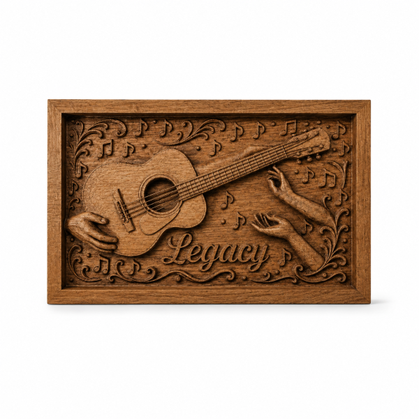 Personalized wood carving with guitar and name