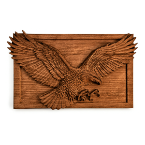 Wood-carved eagle with spread wings made of solid beech, made in deep 3D relief with finely sculpted feathers and realistic details, suitable for wall decoration in a home, office or study