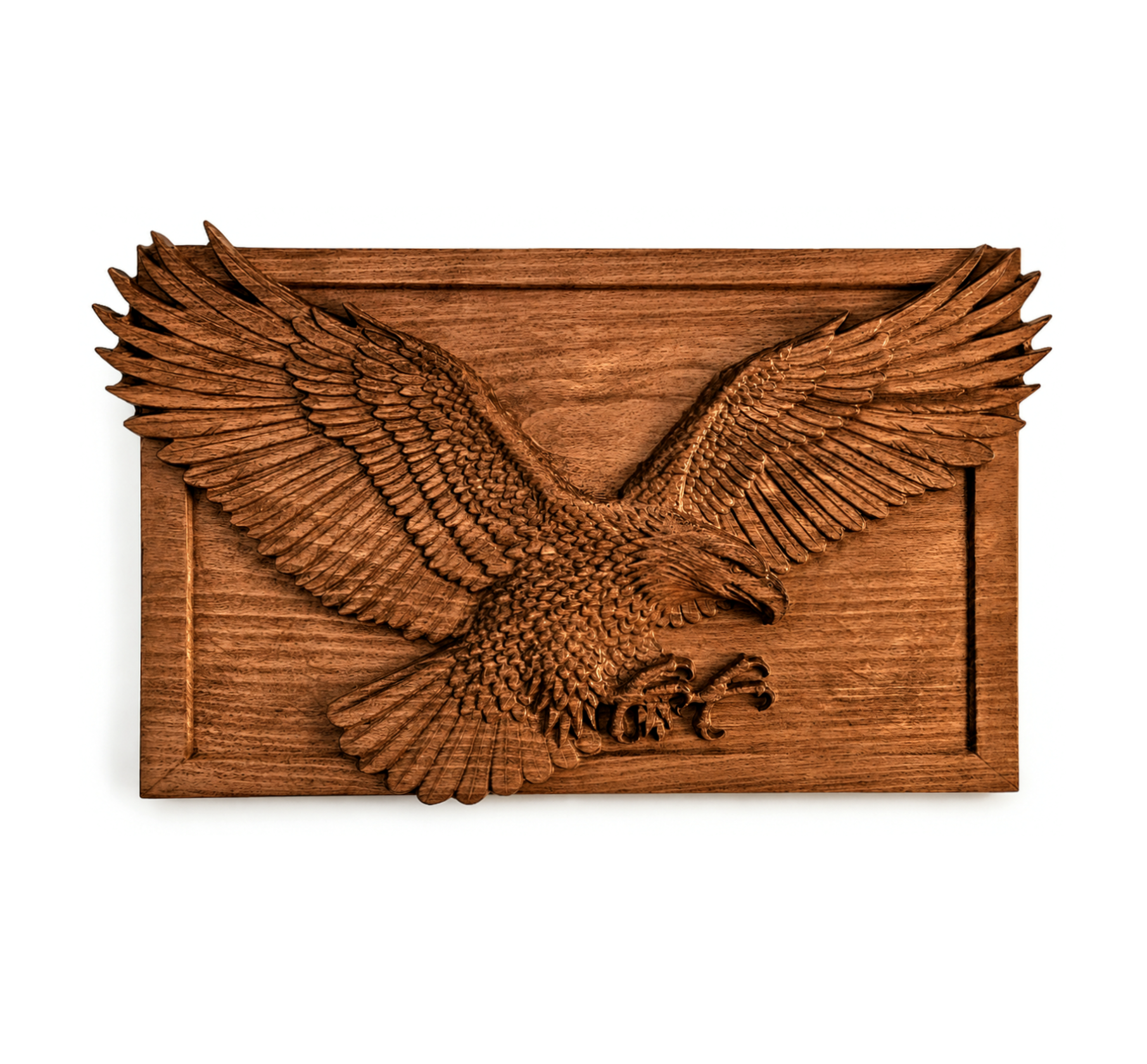 Wood-carved eagle with spread wings made of solid beech, made in deep 3D relief with finely sculpted feathers and realistic details, suitable for wall decoration in a home, office or study