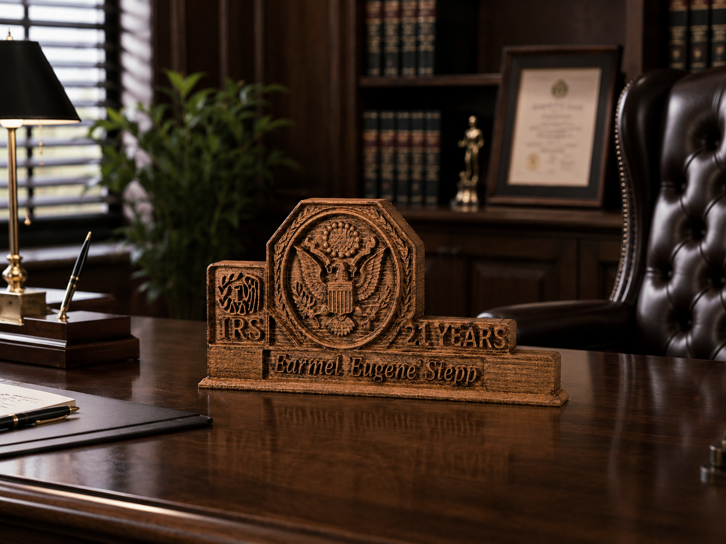 Personalized wooden award for 21 years of service with IRS logo and employee name placed on a desk in an elegant corporate office