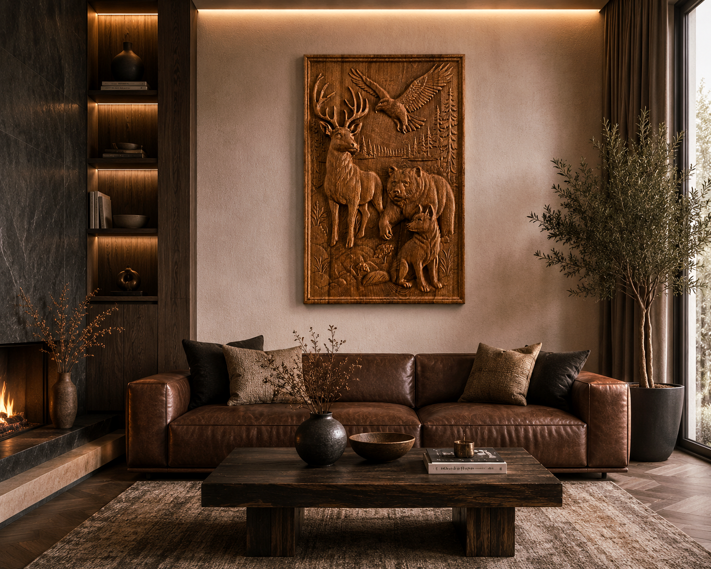 A wood-carved panel with a deer, bear, wolf and eagle made of solid beech placed above a leather sofa in a modern luxurious living room with a fireplace and natural wood accents