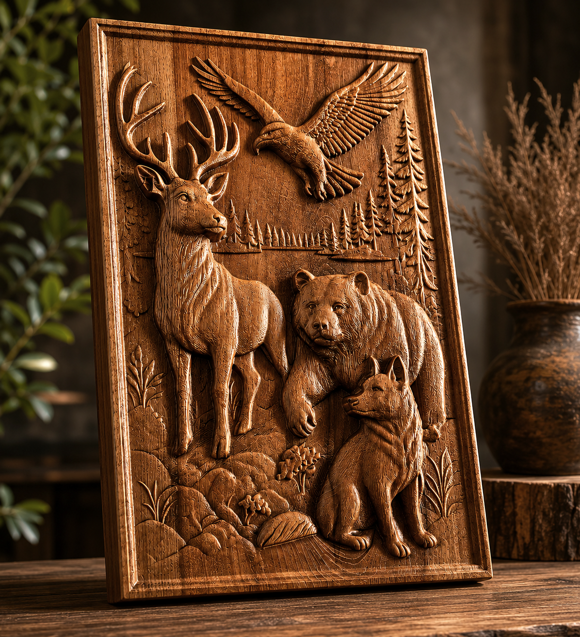 A carved solid beech panel with a deer, bear, wolf and eagle, photographed at an angle to highlight the depth of the relief and fine hand details