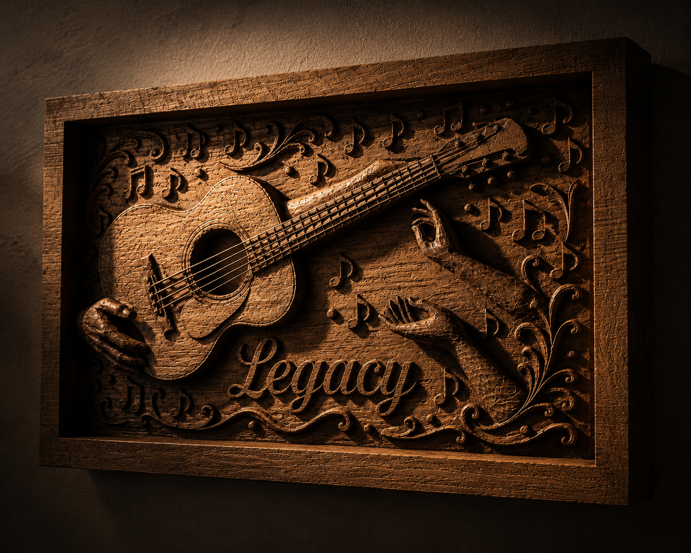 Personalized wood carving with guitar and name