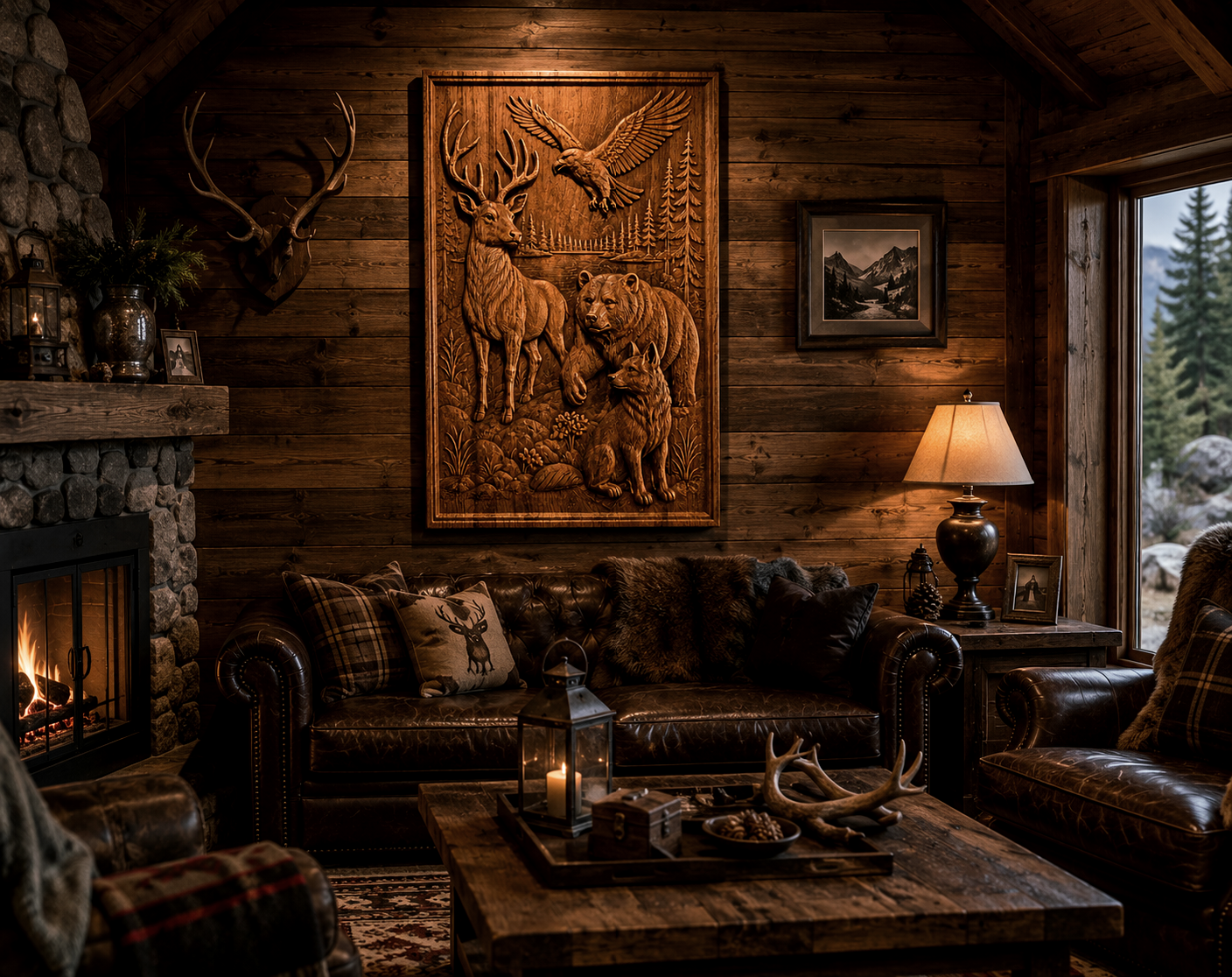 Luxurious hunting lodge with a carved panel of solid beech wood depicting a deer, bear, wolf and eagle, mounted above a leather sofa in a cozy mountain interior