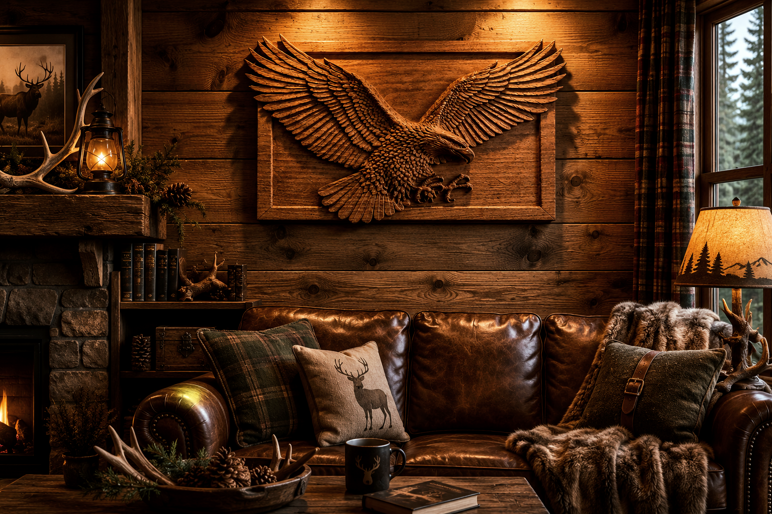 Luxurious rustic living room with a carved eagle panel made of solid beech above a leather sofa, combining hunting style, mountain coziness and high-class interior design