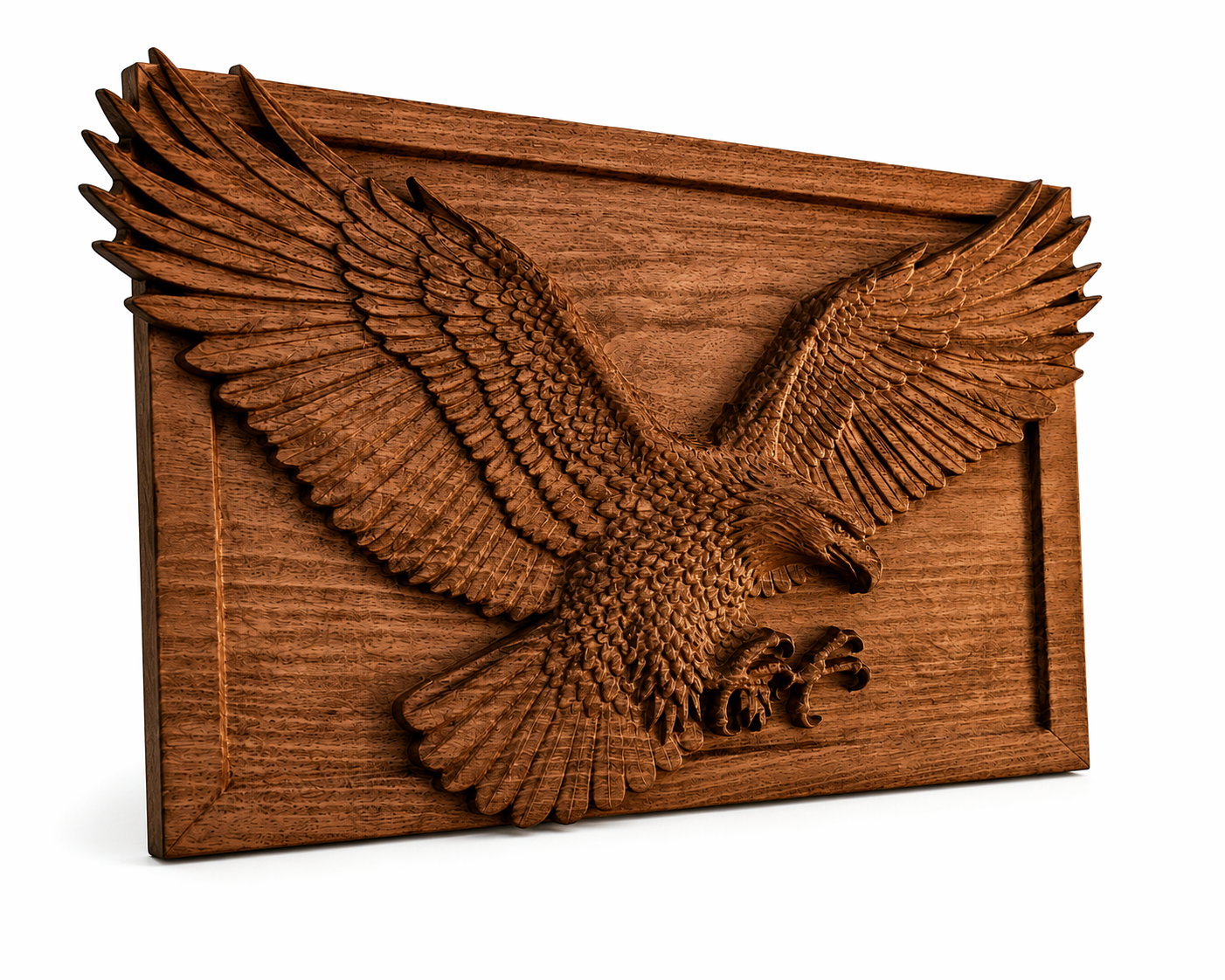 Detailed side perspective of a carved solid beech eagle panel, showing the three-dimensional relief, hand-crafted feathers, and depth of the carving