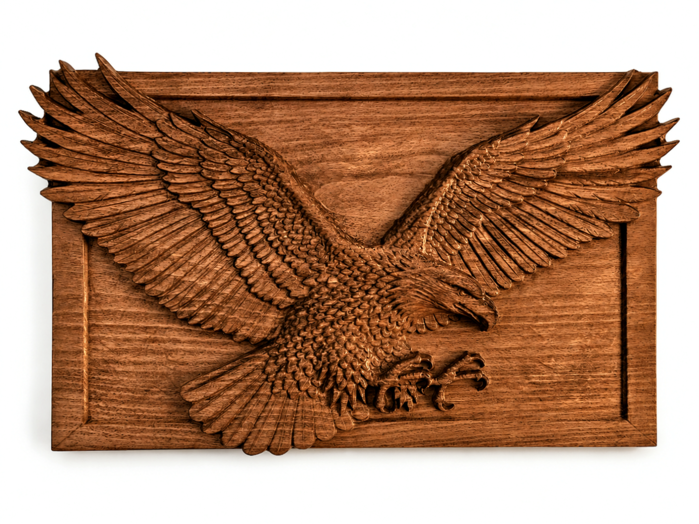 Wood-carved eagle with spread wings made of solid beech, made in deep 3D relief with finely sculpted feathers and realistic details, suitable for wall decoration in a home, office or study