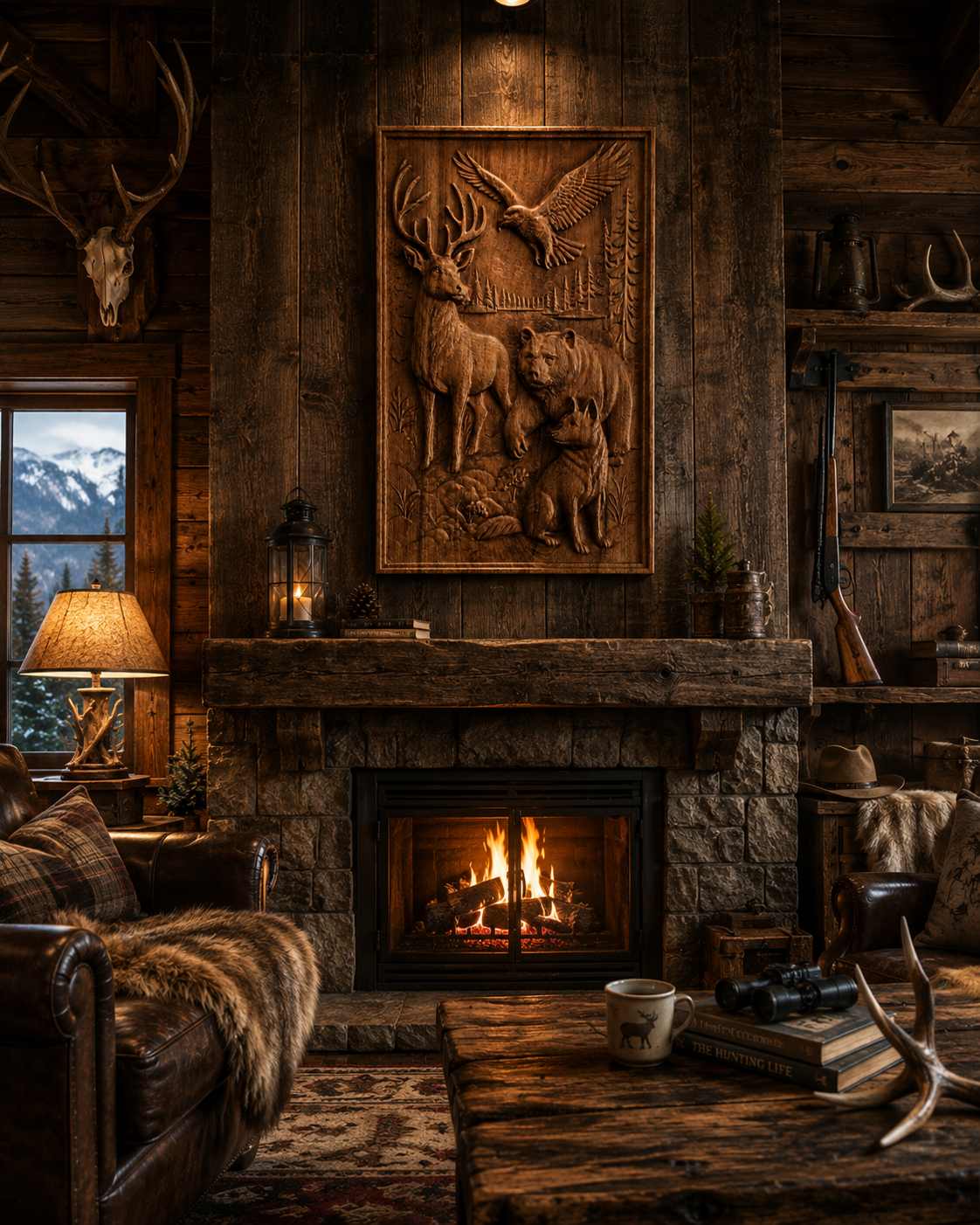 A wood-carved panel with a deer, bear, wolf and eagle made of solid beech, placed above a fireplace in a rustic hunting lodge with leather furniture, wooden walls and a mountain atmosphere