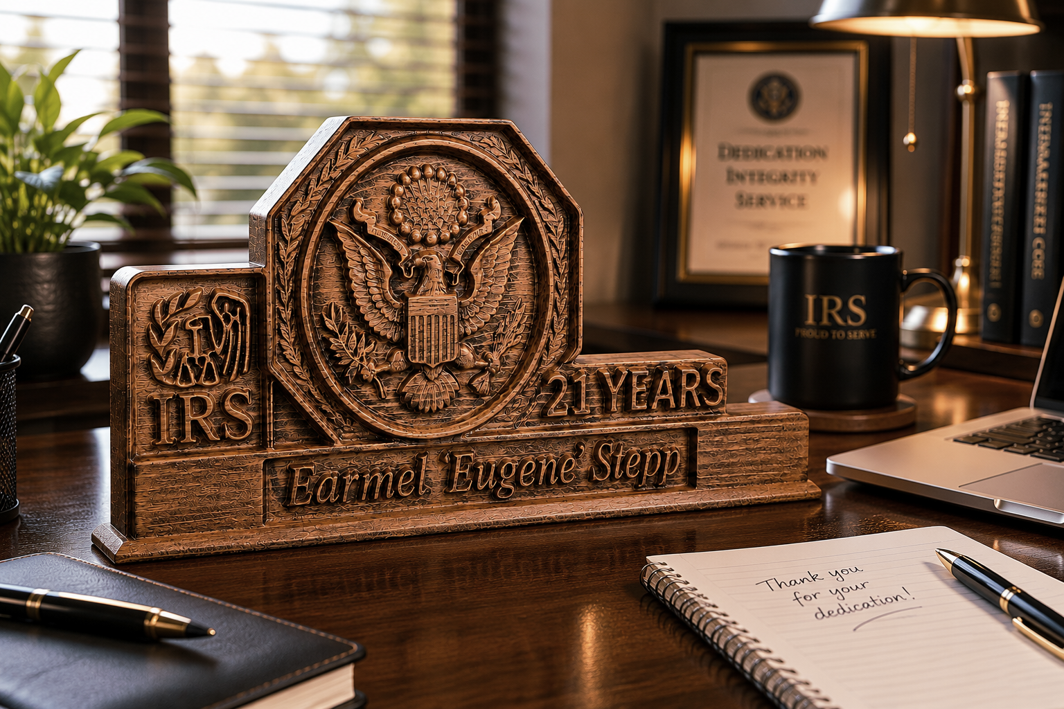 Personalized wooden award for 21 years of service at the IRS, placed on an office desk next to a laptop, documents and office accessories, with detailed carving and a professional work atmosphere