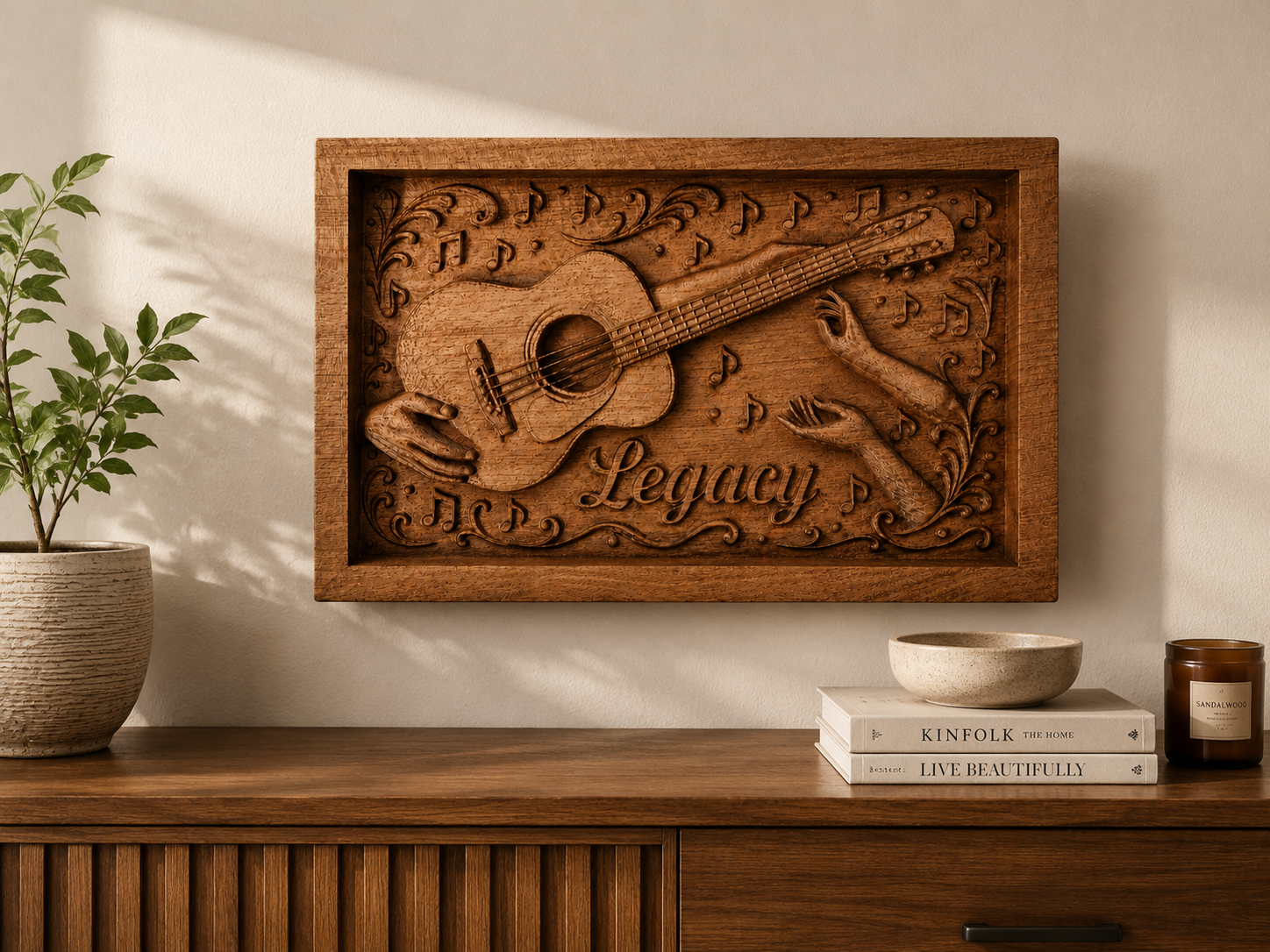 Personalized wood carving with guitar and name