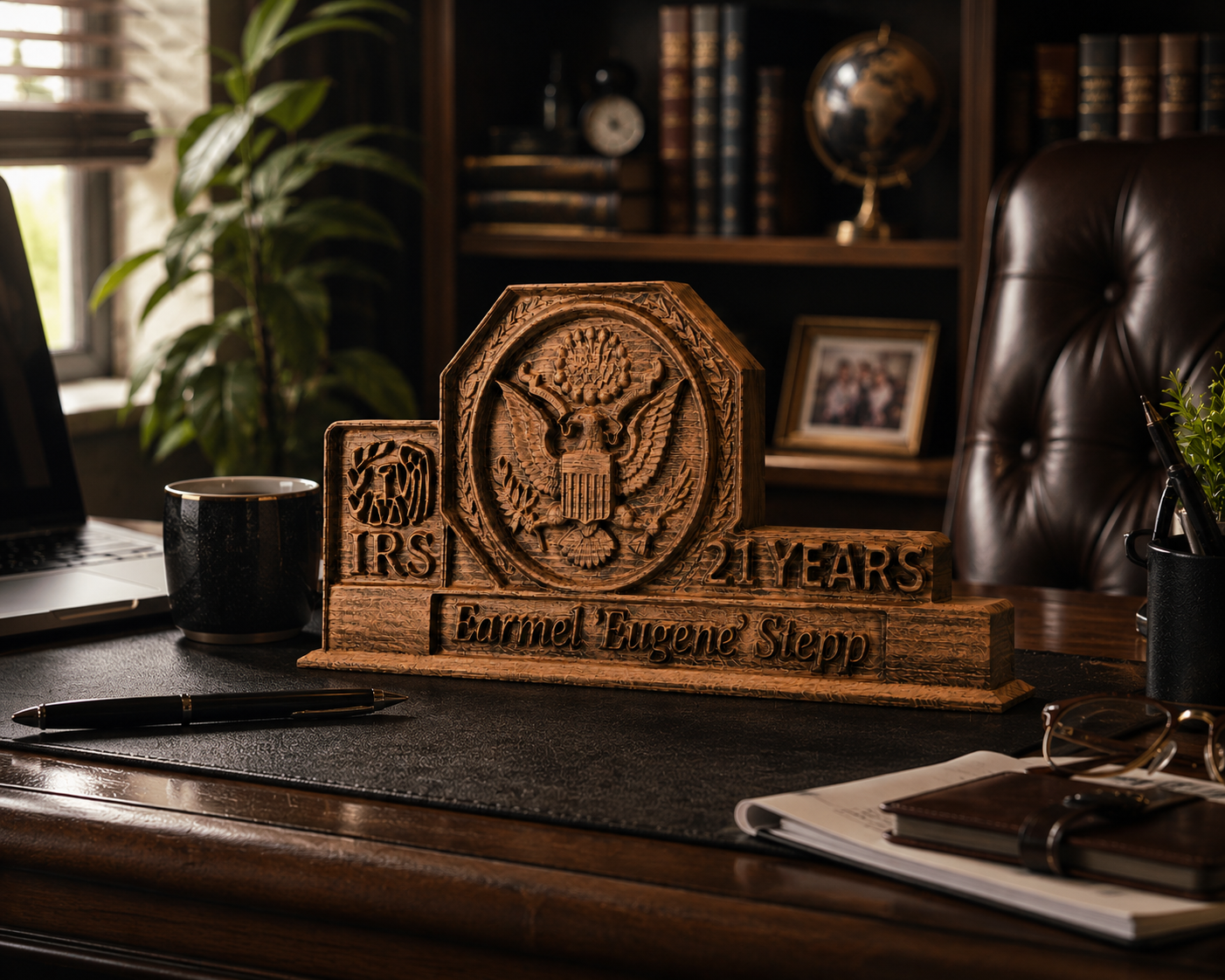 Personalized wooden award for 21 years of service at the IRS, placed on a luxurious office desk with a leather chair, laptop, pen, and office accessories, highlighting professional recognition and long-standing dedication