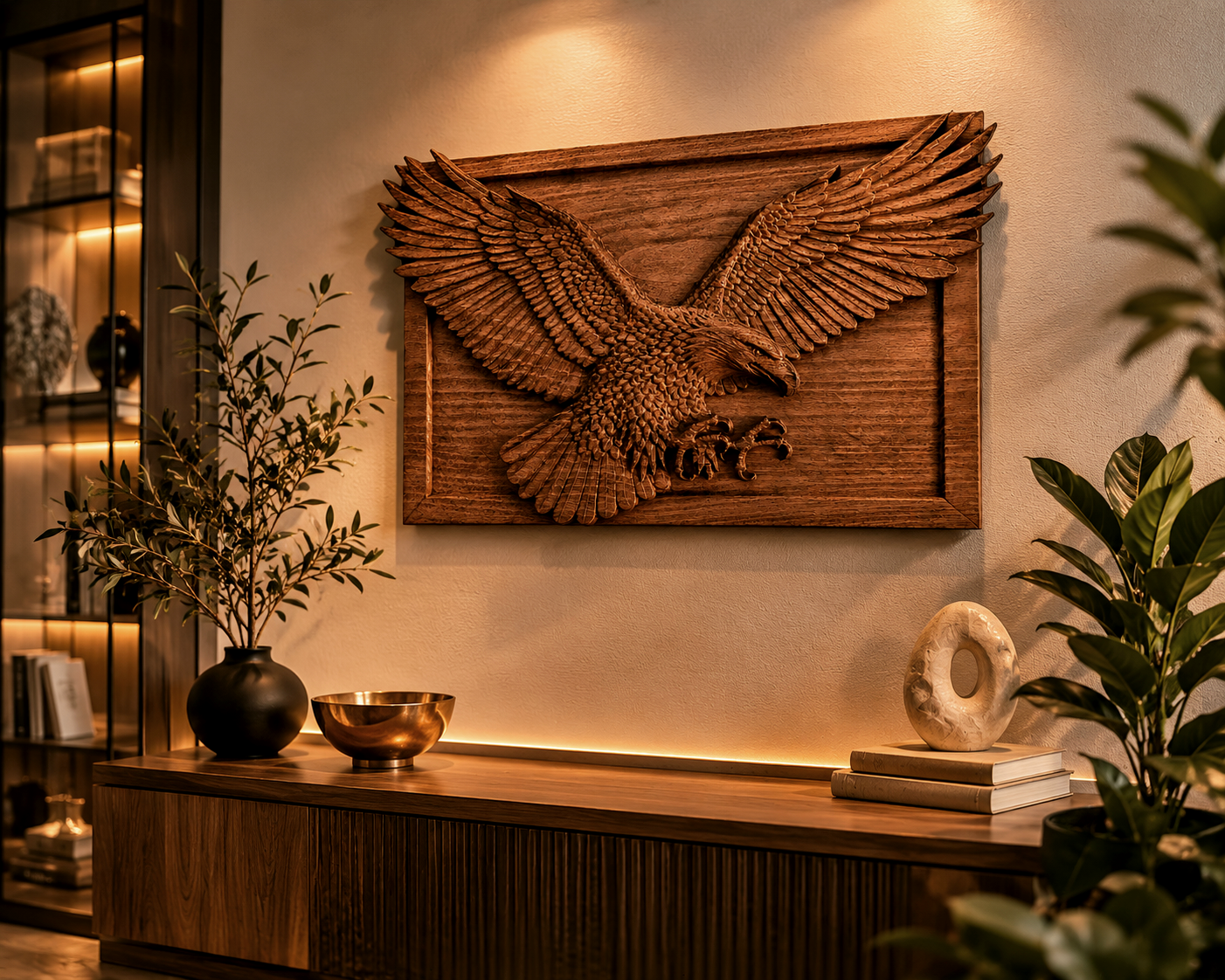 Wood-carved eagle with spread wings made of solid beech, crafted in deep relief with fine feather details and presented as a luxurious wall decoration in a modern interior