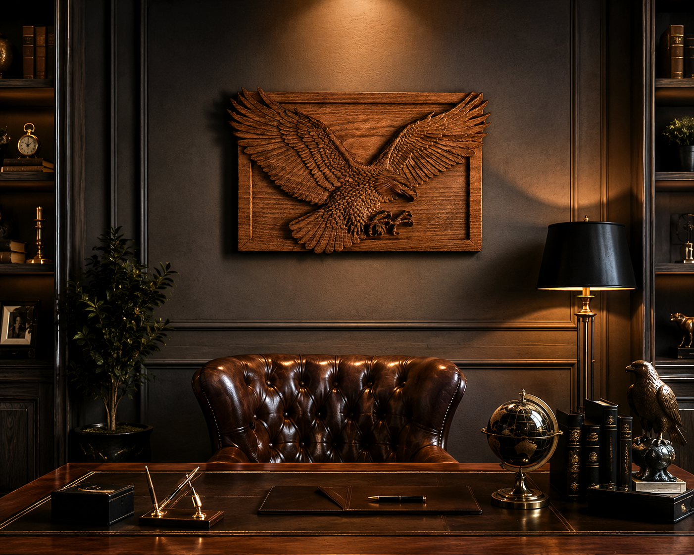 Luxurious office setting with a carved eagle panel made of solid beech, mounted on a wall above a natural wood desk, emphasizing prestige, leadership and American symbolism