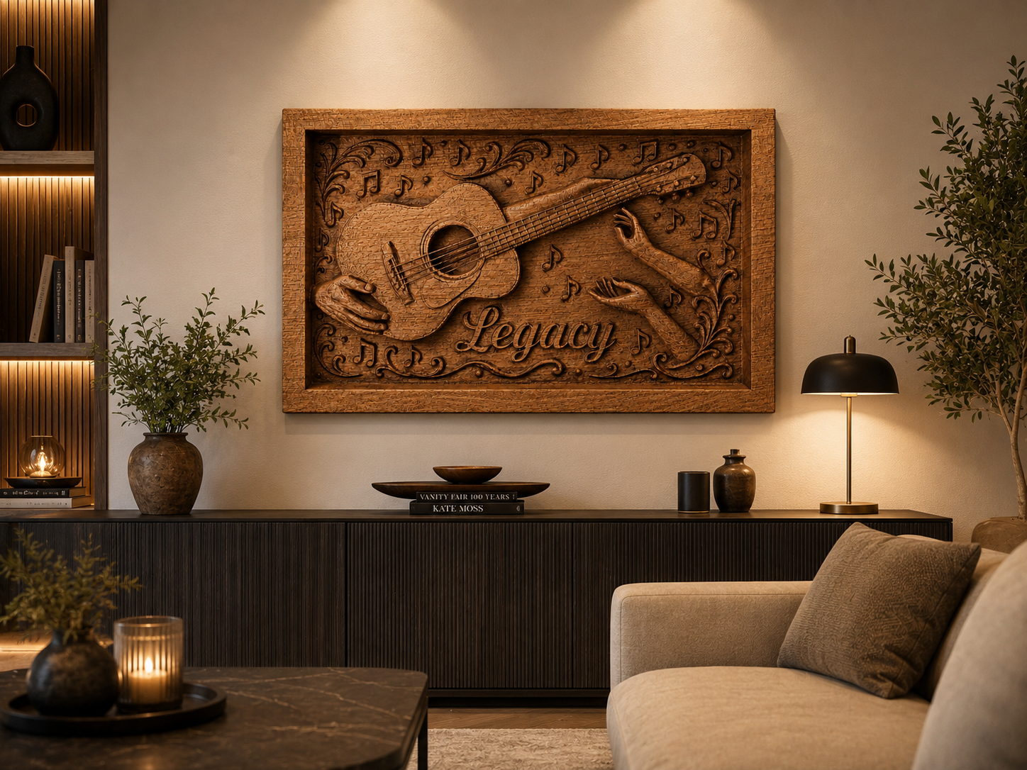 Personalized wood carving with guitar and name