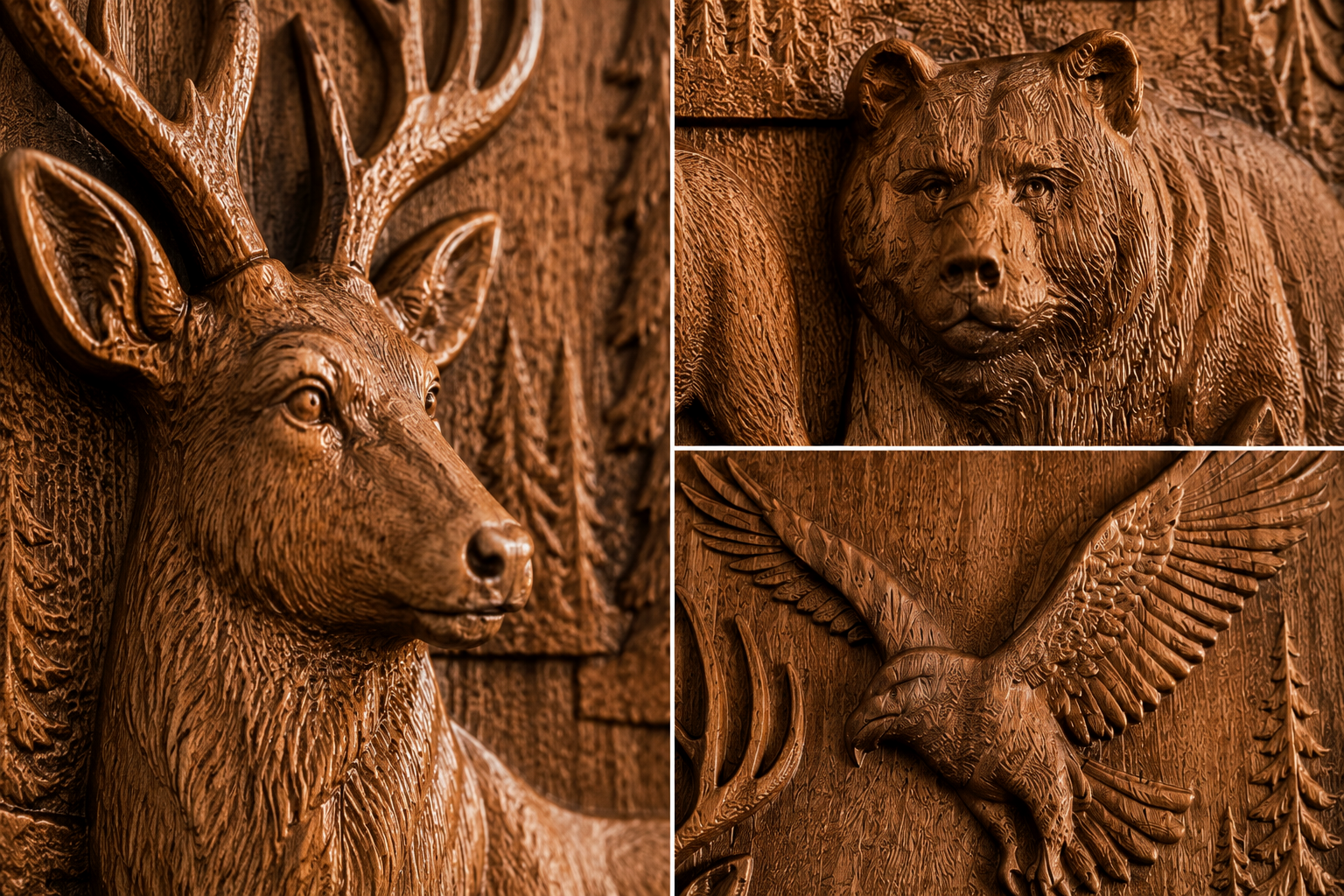 Collage of detailed close-ups of a carved solid beech panel showing the reliefs of a deer, bear, and eagle with finely crafted texture and realistic details