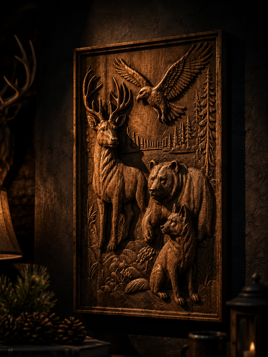 Forest Guardians Wood Carving | Deer Bear Wolf Eagle Handmade Beech Wood Wall Art - Image 11