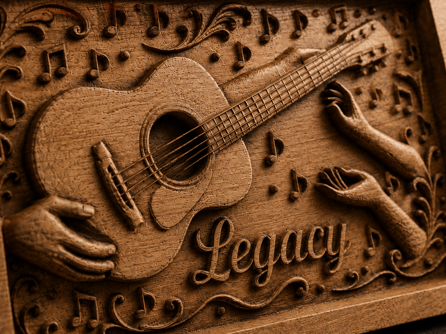 Personalized wood carving with guitar and name