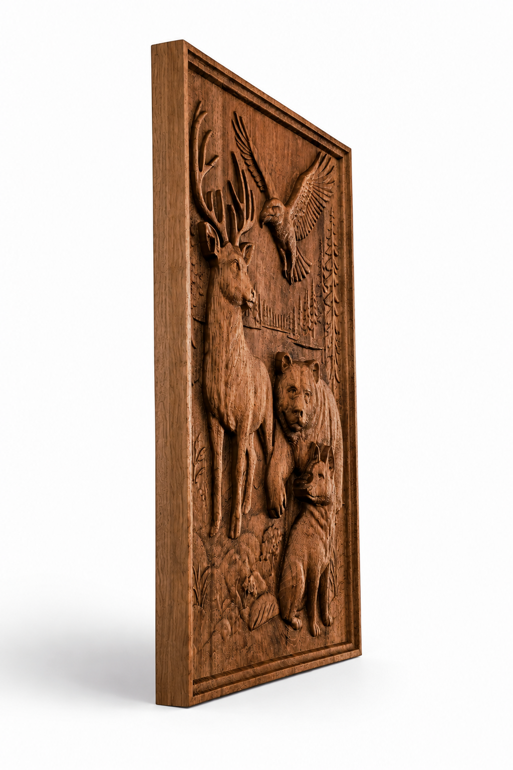 Side view of a carved solid beech panel with a deer, bear, wolf and eagle, showing the depth of the relief and three-dimensional handcraft