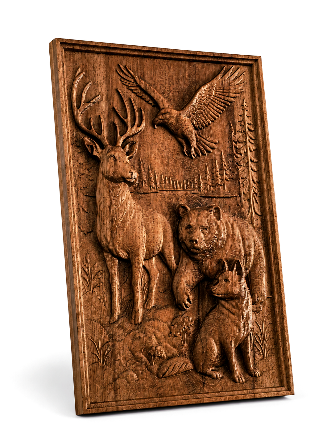 Woodcarved panel with forest animals made of solid beech, depicting a red deer, bear, wolf and eagle amidst a mountain forest in detailed relief
