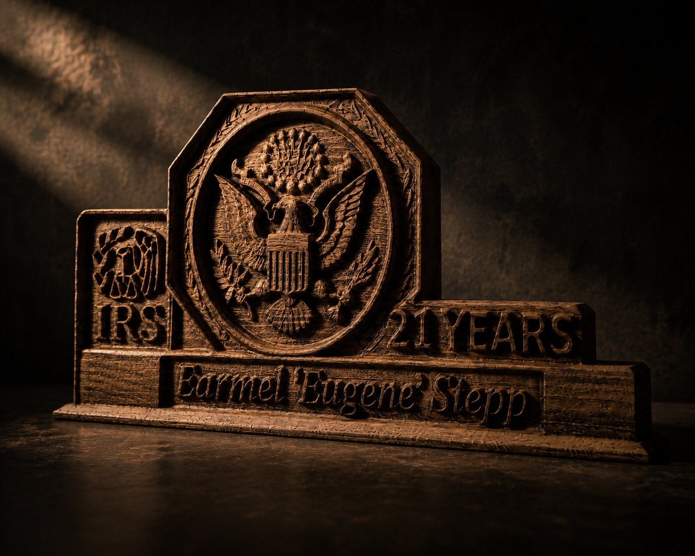 Personalized wooden anniversary plaque for 25 years of service with engraved name, corporate logo and decorative relief, made of solid wood