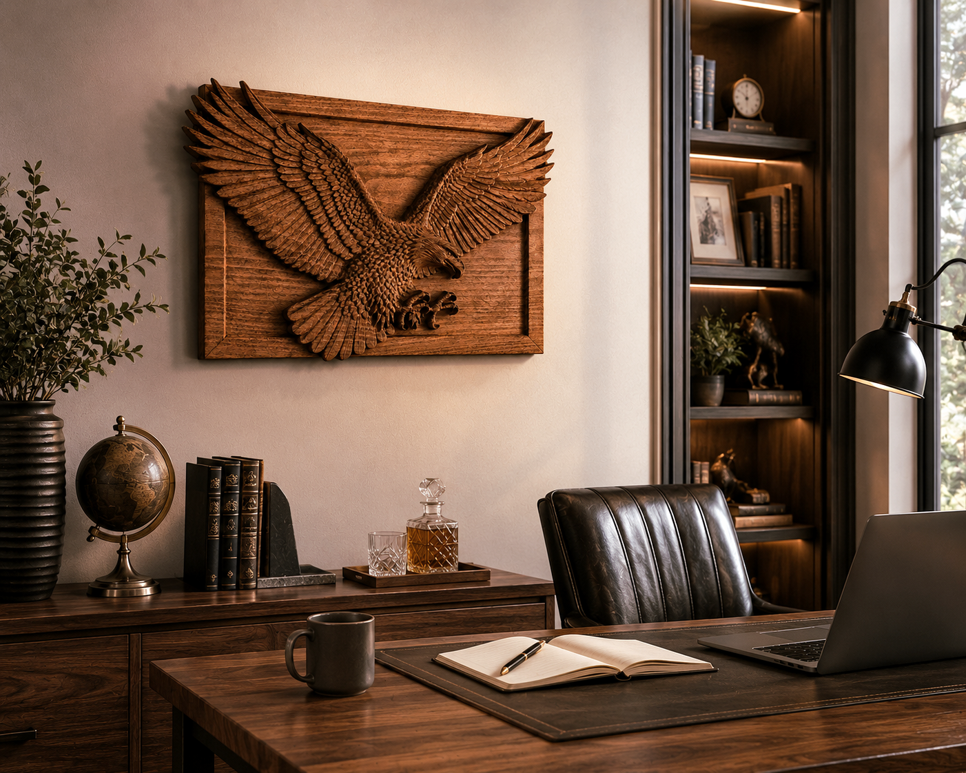 Wood carved eagle with spread wings from solid beech, made in deep relief and placed as a luxurious wall decoration in an elegant office interior