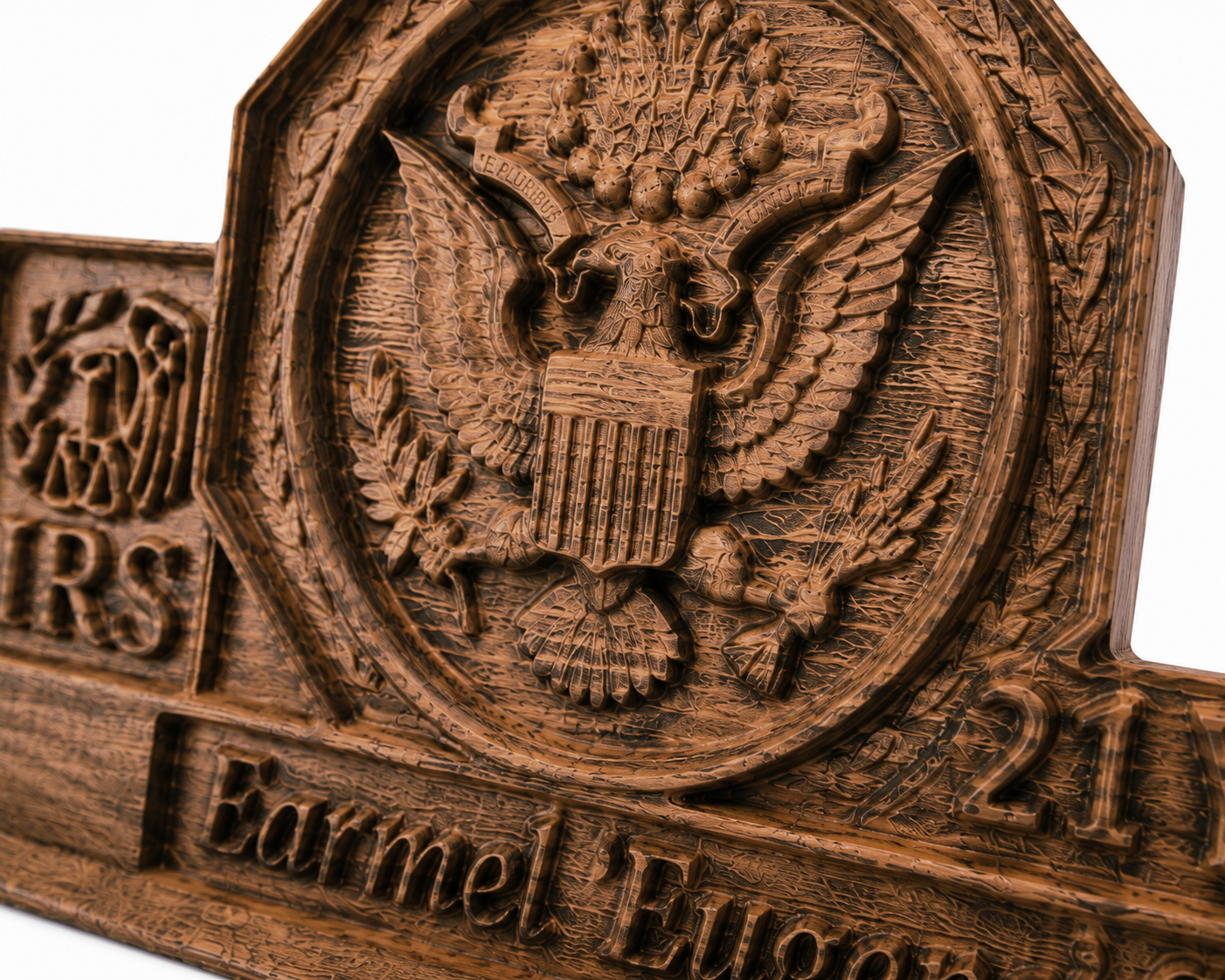 Detailed close-up of a personalized wooden 25 year service anniversary plaque with embossed American coat of arms, engraved name, and fine solid wood carving