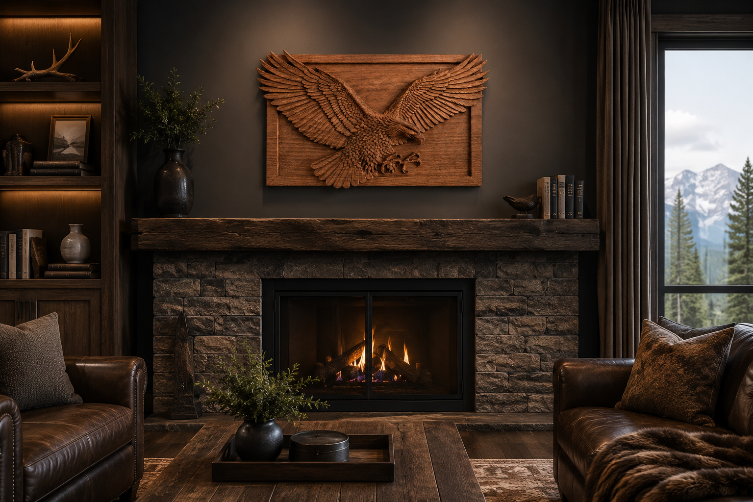 A wood-carved panel with an eagle in flight made of solid beech, mounted above a fireplace in a luxurious interior with dark wood tones, stone cladding and a mountain view through the window