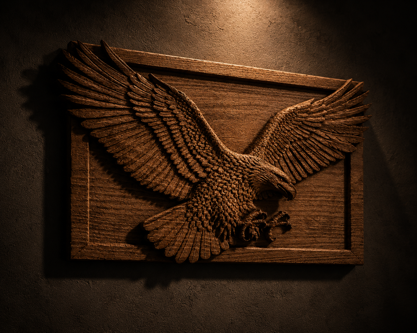 A wood-carved eagle with spread wings made of solid beech, crafted in deep 3D relief with extremely detailed feathers and a realistic look, presented in a dramatically lit interior