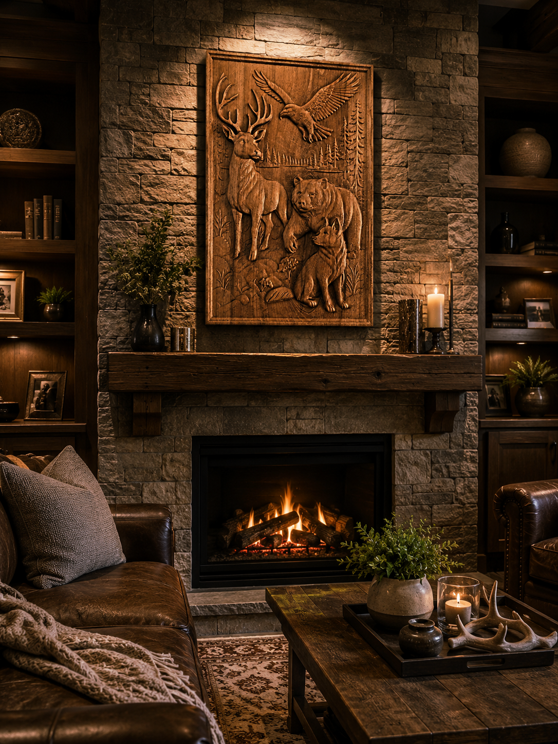 Luxurious interior with a fireplace and a carved panel made of solid beech wood depicting a deer, bear, wolf and eagle in a forest scene, mounted above a natural stone fireplace