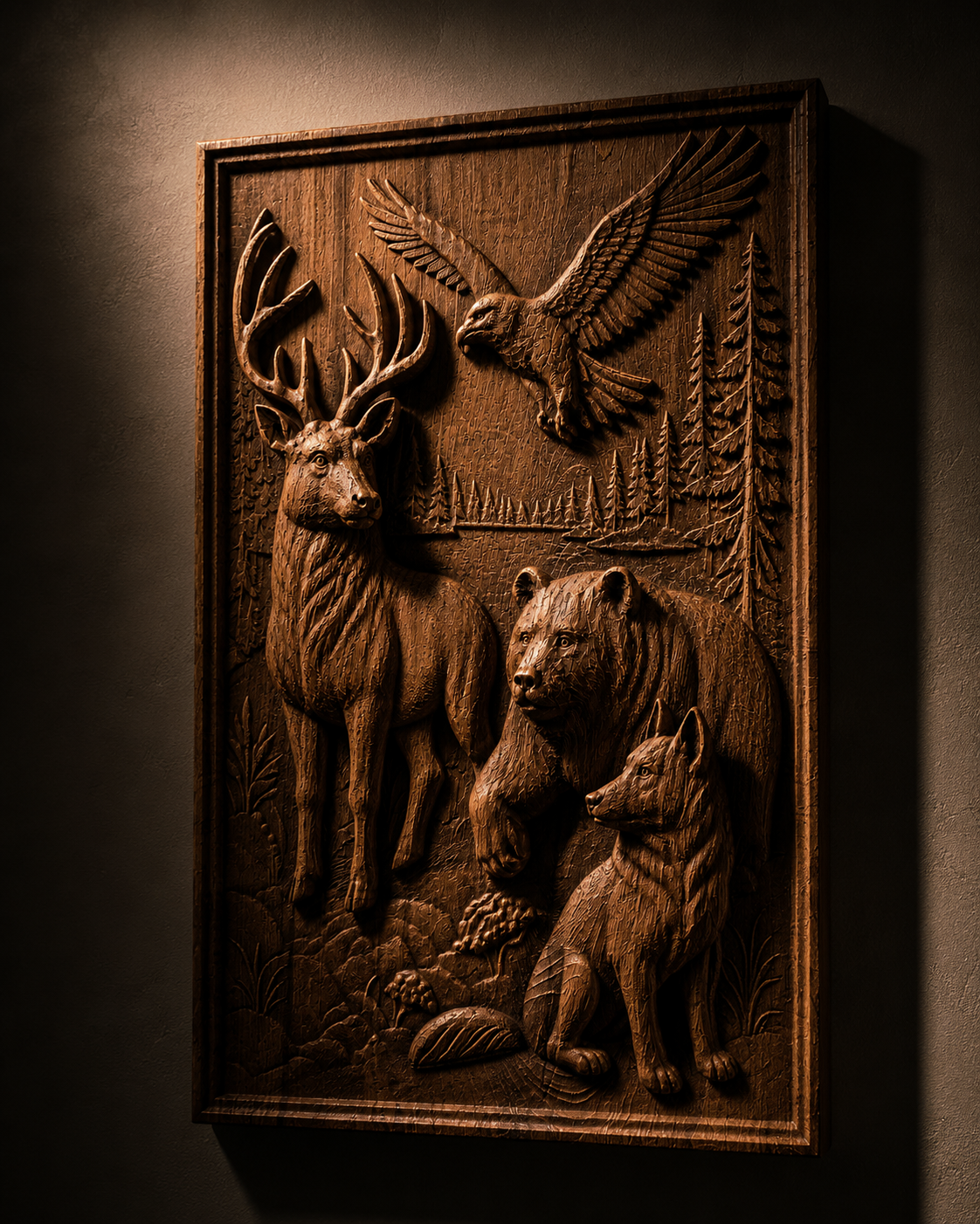 Detailed solid beech wood carving with a deer, bear, wolf and eagle in a forest scene, presented in a luxurious interior with accent lighting