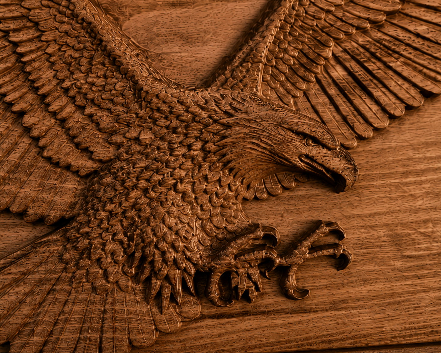 A close-up detail shot of a solid beech wood carved eagle, showing finely crafted feathers, head, claws and deep relief with extreme attention to texture and detail