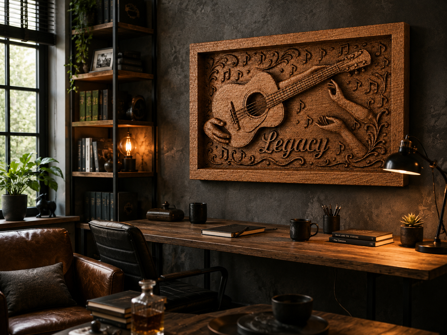 Personalized wooden sign with an acoustic guitar, musical notes and the inscription "Legacy", placed in a modern office with an industrial interior
