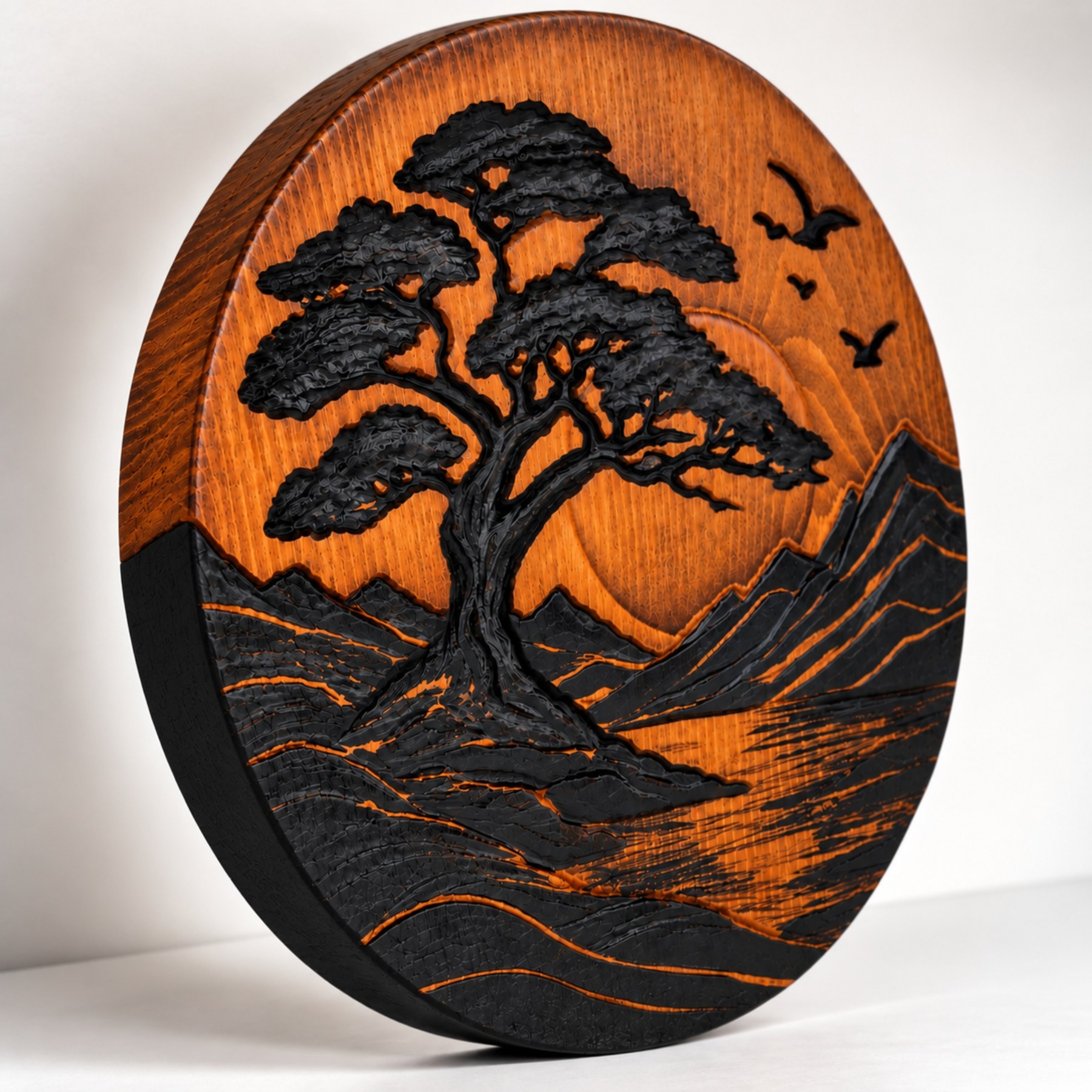 Carved Wood Wall Art — Round Tree & Sun 3D Relief, Hand-Painted - Image 8