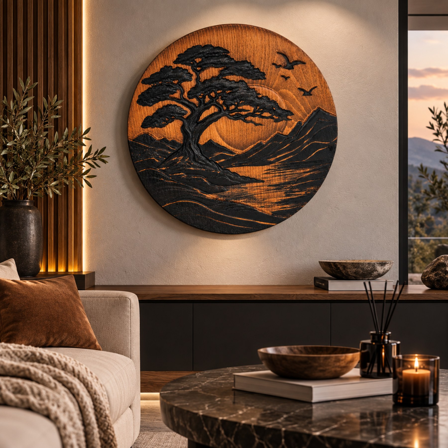 Carved Wood Wall Art — Round Tree & Sun 3D Relief, Hand-Painted - Image 7