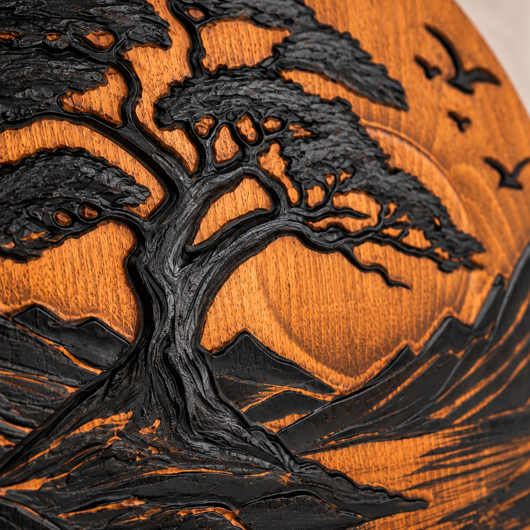 Carved Wood Wall Art — Round Tree & Sun 3D Relief, Hand-Painted - Image 6