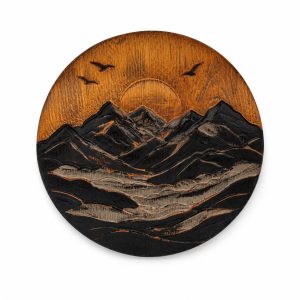 Carved Mountain Wall Art — Round 3D Beech Wood Relief, Handmade