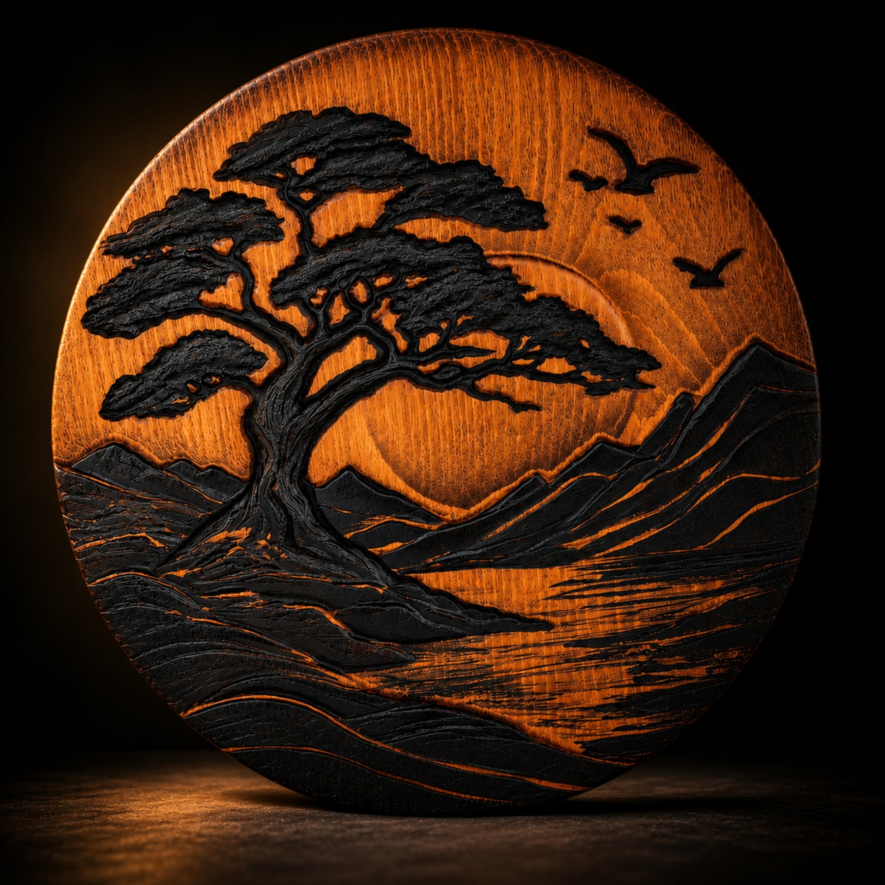 Carved Wood Wall Art — Round Tree & Sun 3D Relief, Hand-Painted - Image 5