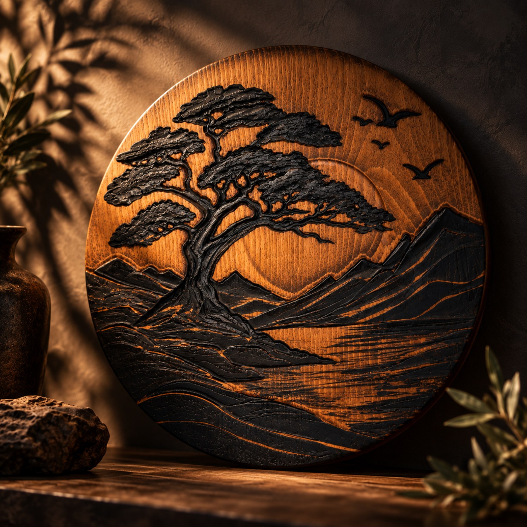 Carved Wood Wall Art — Round Tree & Sun 3D Relief, Hand-Painted - Image 4
