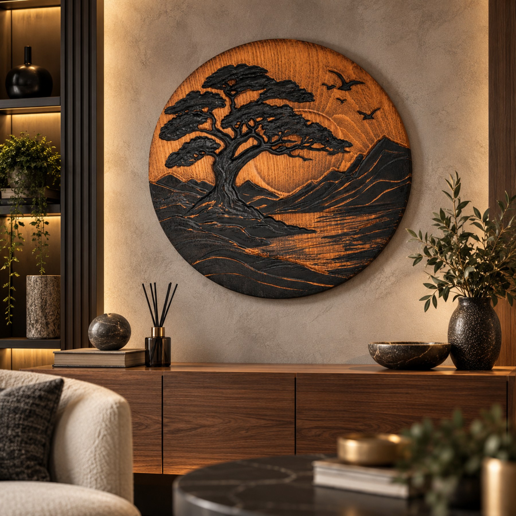 Carved Wood Wall Art — Round Tree & Sun 3D Relief, Hand-Painted - Image 3